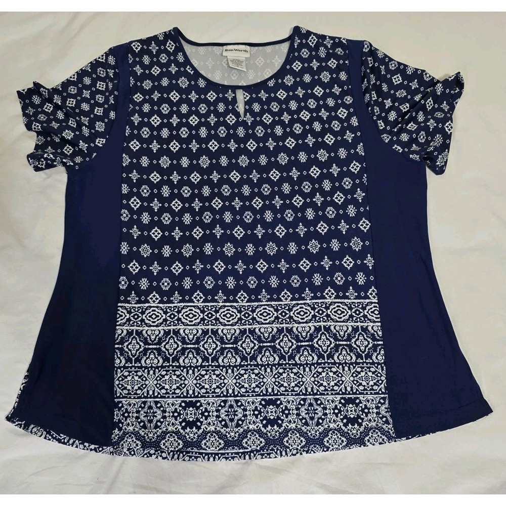 Bon‎ Worth Women's Large Petite Navy Blue/White Short-Sleeve Blouse